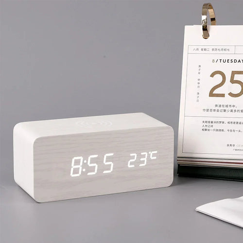 Sleek Modern Wooden LED Desk Alarm Clock with Wireless Charging & Thermometer