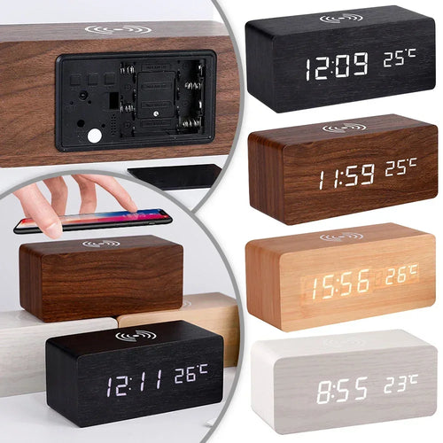 Sleek Modern Wooden LED Desk Alarm Clock with Wireless Charging & Thermometer